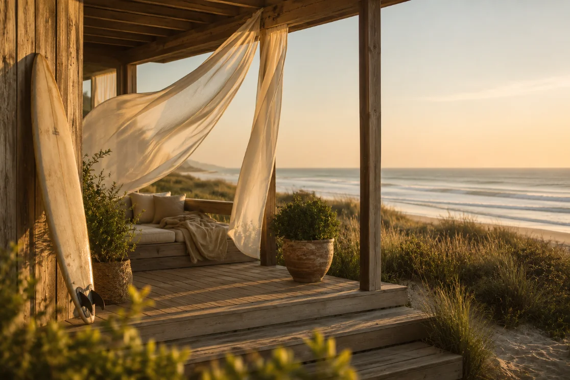 Strandhaus-Veranda mit Blick aufs Meer