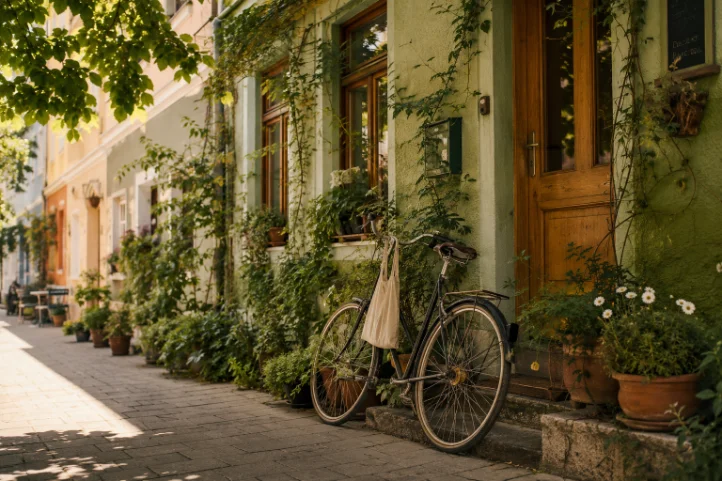 Fahrrad vor einem begrünten Stadthaus
